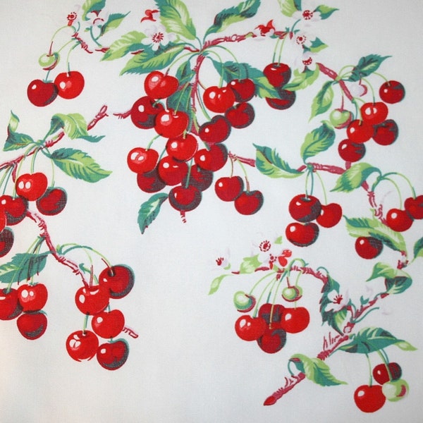 Wilendur Cherries Pillow Piece | Vintage Tablecloth Fabric Piece for Pillow or Projects | 20 x 17 Inches | Spring & Summer Home Décor