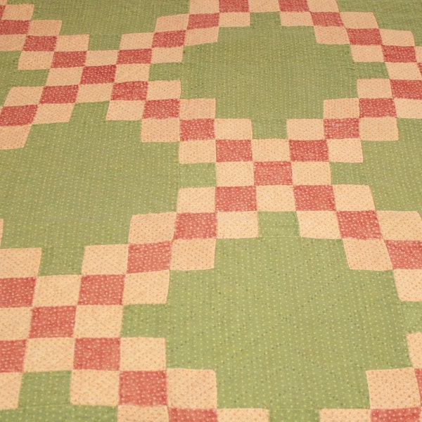 Russet, Peach and Green Calico 19th Century Irish Chain Antique Quilt Piece with Madder Brown Backing - 44 by 24 Inches