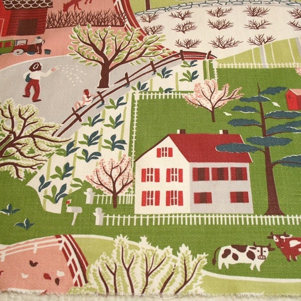 RESERVED for Rosamund - Whimsical Moses-like Farm Life Unused Barkcloth Vintage Fabric