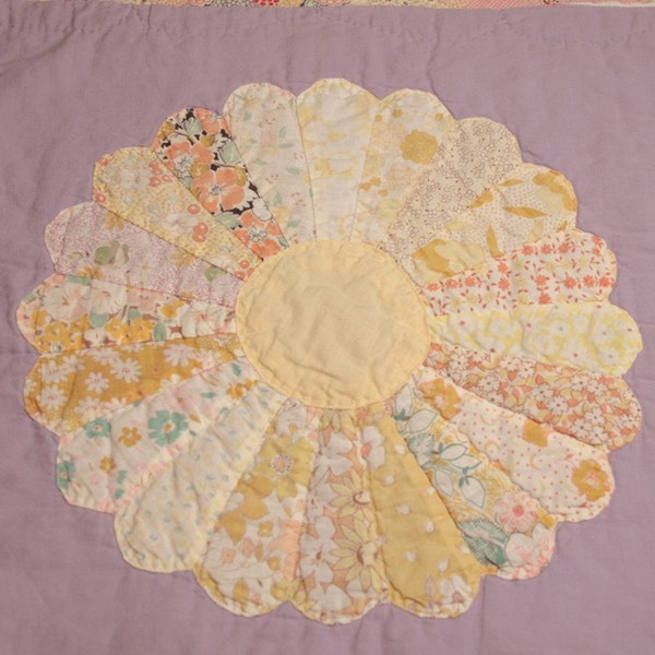 Dresden Plates Antique Quilt Piece with Two Plates, One on Lavender Background