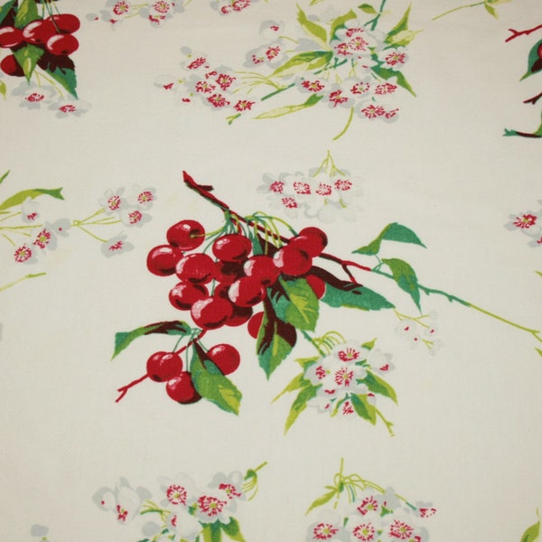 Luscious Cherries and Blossoms Wilendur Vintage Tablecloth Fabric Piece - 27 by 24 Inches