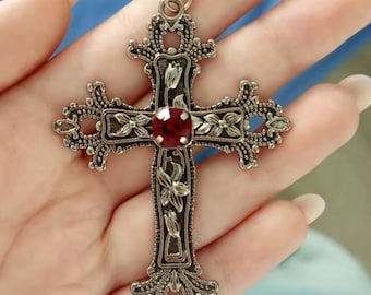 Y2K Gothic Cross Pendant Necklace – Red & Black Stone Options