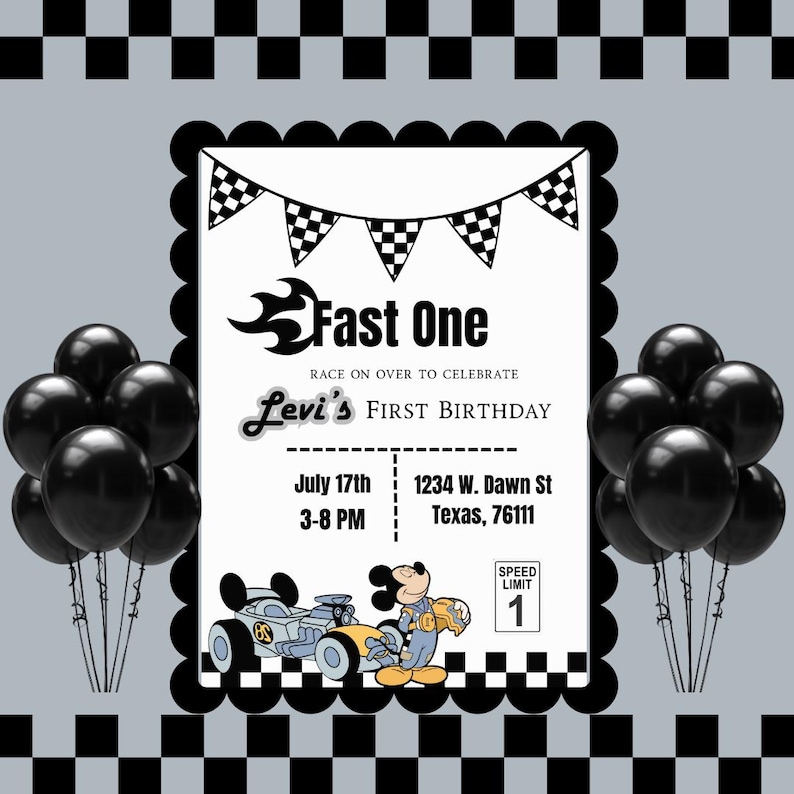 Two Fast Mickey Fast One Fast Two- Roadster Mickey Mouse Racer Editable Birthday ...