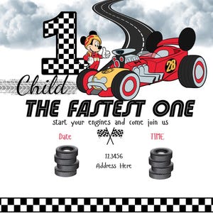 Red Roadster Mickey Mouse Editable Invitation - Mickey mouse, racer, roadster Mickey, roadster racer, red invite, birthday, fast one
