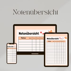 Könnte beinhalten: Digitale Notenübersicht mit dem Titel "Notenübersicht" oben. Die Übersicht wird auf einem Smartphone, Tablet und Computerbildschirm angezeigt. Die Notenübersicht enthält Abschnitte für Fächer und Noten.