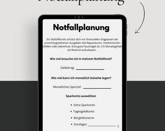 Planificateur d'urgence | PDF imprimable | Suivi financier des fonds d'urgence | Format A4 minimaliste (allemand)