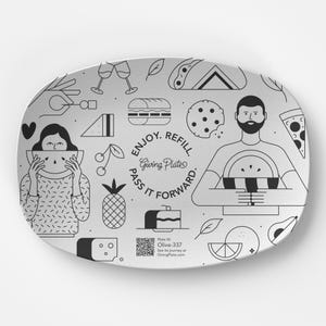 May include: An oval-shaped white plate with black line art illustrations of food items and people. The plate features a sandwich, pizza slice, cookie, and a person holding a watermelon. Text on the plate reads "ENJOY. REFILL. PASS IT FORWARD."