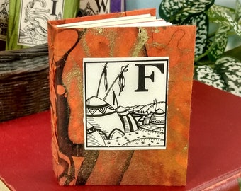 F is For Fort Mini Handstitched Blank Book with Vintage Drop Capital Letter F on Orange Swirl Mulberry Cover