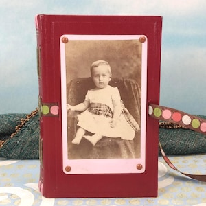 Baby Girl in Tartan Sash Circa 1880's Antique Photo Cabinet Card from Selma Alabama Writing Journal with Small Red Hardcover and Ribbon Ties