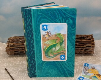 Green Dragon Writing Journal with Medieval Dragon and Knight Playing Card on Rescued Blue Marbled Hardcover Book