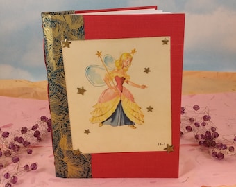 Fairy Princess with Stars Sketch Journal with Vintage Laminated Fairy Flashcard on Rescued Red Hardcover Book