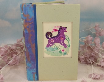 Perky Purple Dog Blank Writing Journal with Colorful Chinese Papercut Inset in Cover of Pale Green Vintage Hardcover Book