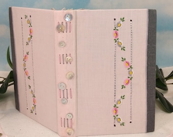 Pink Floral Embroidery Writing and Sketch Journal with Vintage Hand Stitched Needlework on Rescued Grey Hardcover with Button Ribbon Spine