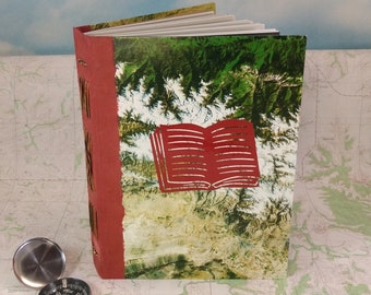 Book Lovers Sketchbook Writing Journal with Vintage Colorful Satellite Maps and an Open Book Silhouette in Red on the Cover