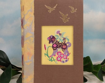 Puppy Dog in Flowers Blank Writing Journal with Colorful Chinese Papercut Inset in Brown Vintage Hardcover with Gold Embossed Birds on Front