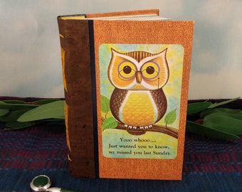 Sunday School Owl Writing Journal with Vintage Cute Church We Missed You Reminder Postcard on Rescued Vintage Orange Book Cover