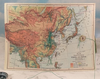 China and Japan Map Travel Journal with Vintage 1920s Geography Book Physical and Political Asia Map Cover