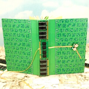 Computer Memory Card Memento Book Writing Journal from Vintage Green-Patterned PermaBound Hardcover and Salvaged Computer Parts on Spine