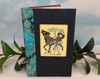 Black Dog Blank Writing Journal with Colorful Chinese Papercut Inset in Front Cover of Black and Turquoise Vintage Hardcover Book