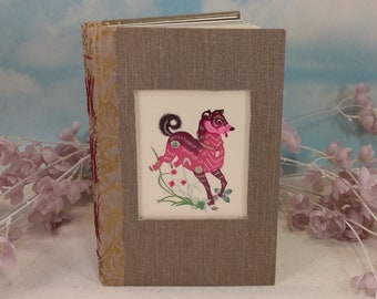 Happy Pink Dog Blank Writing Journal with Colorful Chinese Papercut Inset in Cover of Warm Grey Vintage Hardcover Book