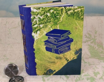 Book Lovers Sketchbook Writing Journal with Vintage Colorful Satellite Maps and Stack of Books Design in Blue on the Cover