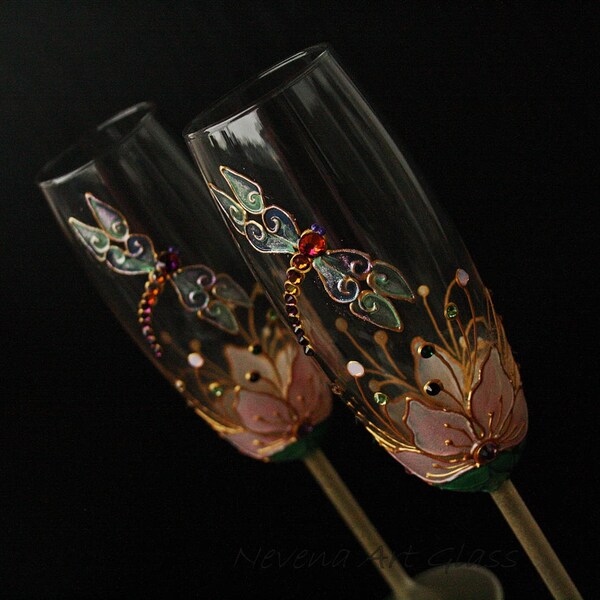 Dragonfly Glasses, Champagne Flutes, Wedding Glasses, Hand Painted, Set of 2
