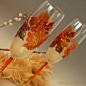 Fall Wedding Glasses, Champagne Glasses, Autumn Wedding, Maple Leaves Glasses, Hand Painted Set of 2