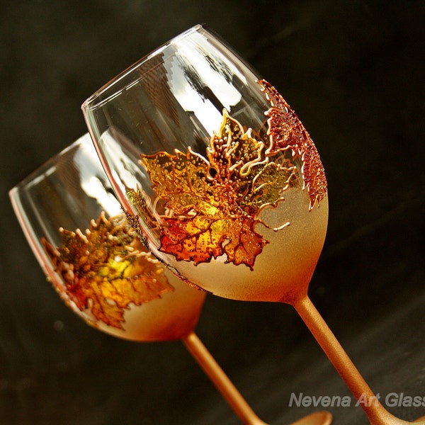 Wine Glasses,Toasting Glasses, Hand Painted Wine Glasses, Autumn Leaves, Autumn Wedding, Wedding Glasses set of 2