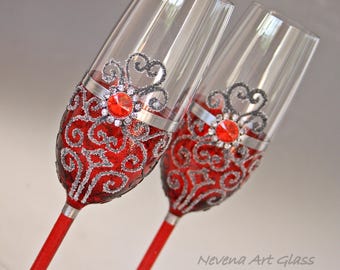 Red Wedding Glasses, Champagne Flute, Wine Glasses, Chapagne Glasses, Hand Paited Set of 2