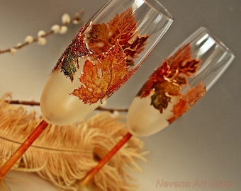 Fall Wedding Glasses, Champagne Glasses, Autumn Wedding, Maple Leaves Glasses, Hand Painted Set of 2