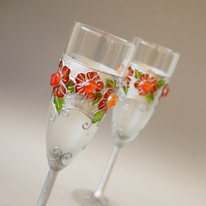 Retro Folk Wedding Glasses Champagne Flutes Silver Poppy Red, set of 2, Hand painted image 1