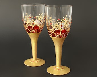 Gold Glasses Ruby Anniversary Wedding Glasses Swarovski Crystals hand Painted set of 2