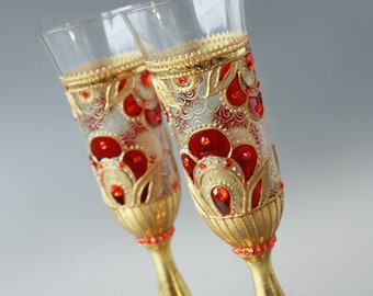 Red Gold Wedding Champagne Glasses Rubby Anniversary Swarovski Crystals, Hand Painted Set of 2