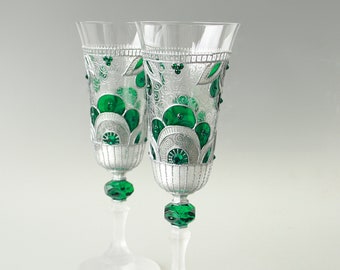 Emerald Wedding Champagne Glasses Silver Swarovski Hand-painted set of 2