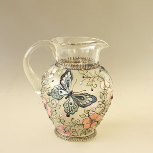 Retro Glass Jug Hand-painted Pitcher Blue Butterfly Wildflowers SWAROVSKI Crystals