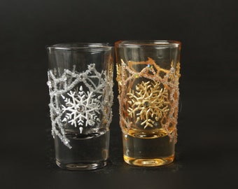 Mr and Mrs Shot Glasses Grey Gold Snowflakes Wedding Shot, hand painted set of 2