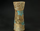 Hand Painted Glass Vase, Vntage Vase,Candle Holder, Gold and Turquoise, Swarovski Crystals
