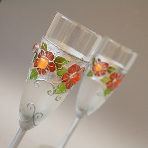 Retro Folk Wedding Glasses Champagne Flutes Silver Poppy Red, set of 2, Hand painted image 4