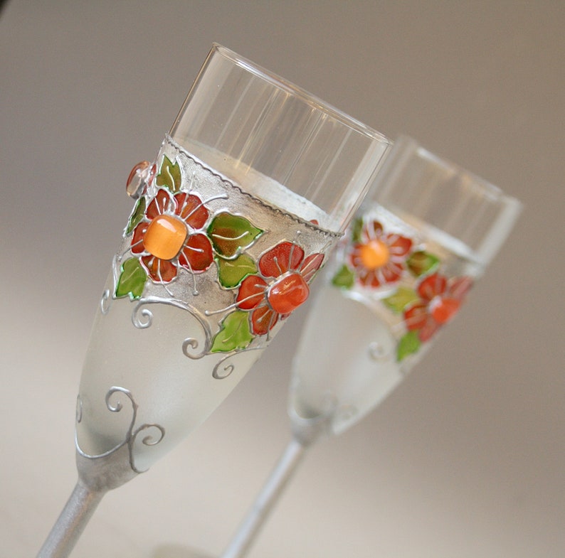 Retro Folk Wedding Glasses Champagne Flutes Silver Poppy Red, set of 2, Hand painted image 4