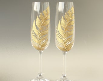 Gold Feather Champagne Glasses Wedding Hand Painted, set of 2