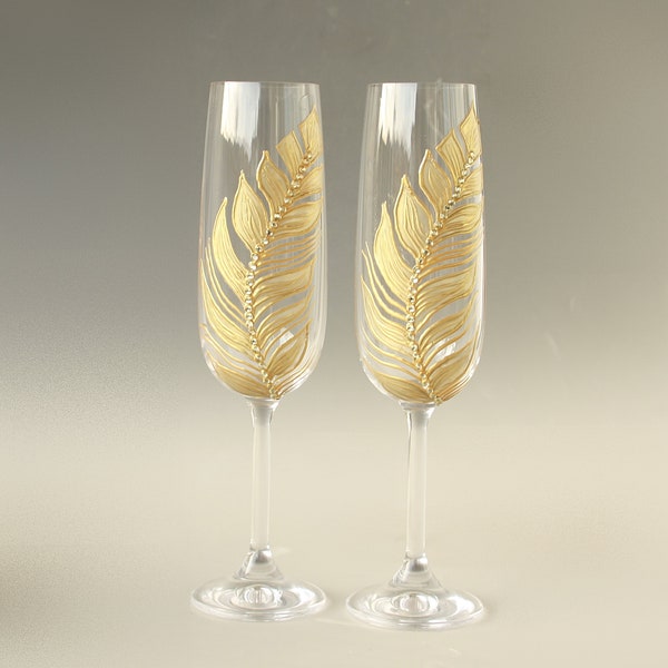 Gold Feather Champagne Glasses Wedding Hand Painted, set of 2