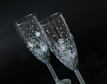 Silver Wedding Glasses Champagne Flutes Romantic, Hand Painted, Set of 2