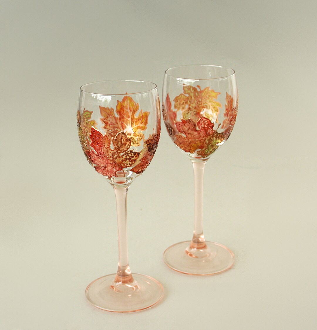 Fall Leaves Wine Glasses Rose Gold Handpainted Set of 2 Etsy