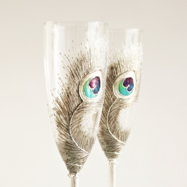 Silver Peacock Feathers Wedding Toasting Champagne Flutes Hand Painted,set of 2