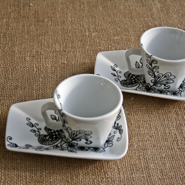 Hand Painted Coffee Cups set of 2 Black White Peacock Desing Mehndi Henna Inspired