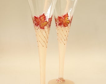Fall Leaves Wedding Glasses Autumn Wedding Maple , Hand-painted set of 2