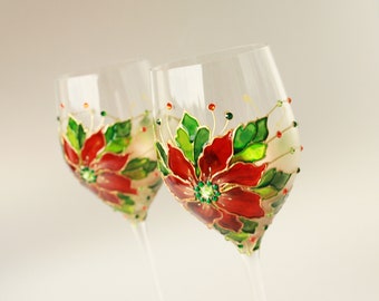 Poinsettia Glasses Wine Christmas Toast New Year Wedding Red Anniversary Hand painted set of 2