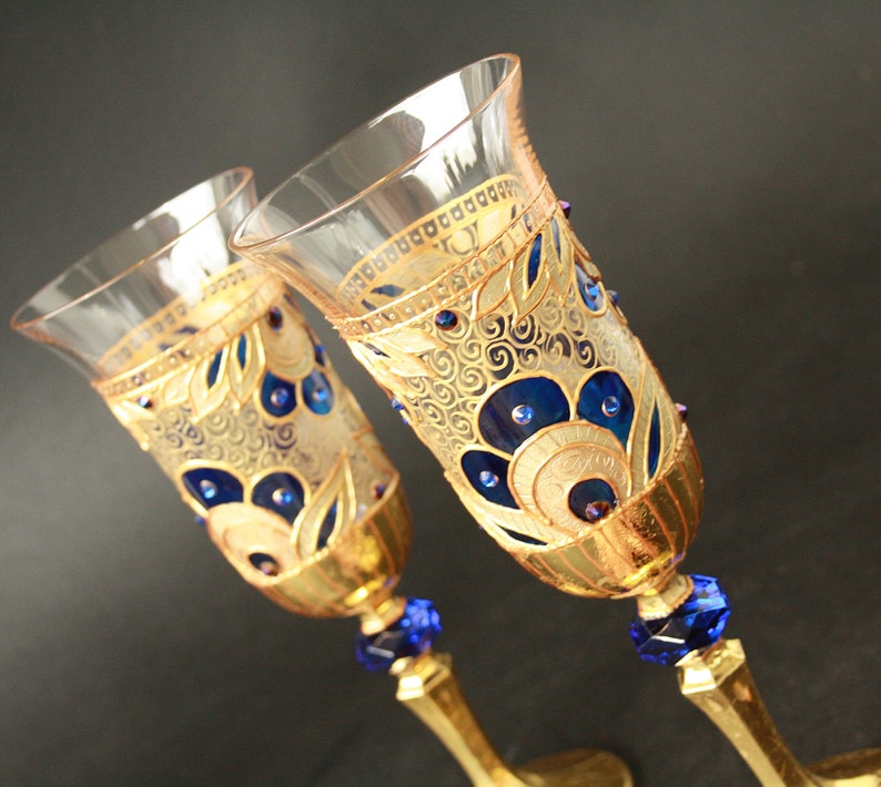 Champagne Glasses Wine Glasses Wedding Glasses Hand Painted, Gold Royal Blue Wedding Glasses, set of 2 image 3