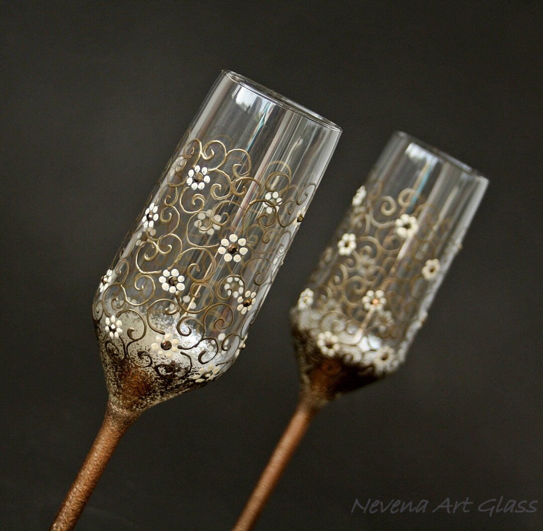 Champagne Glasses Swarovski Daisy Wedding Glasses Hand Etsy