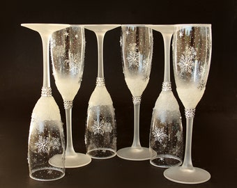 Snowflakes Champagne Glasses Winter Wedding Christmas Toast Hand-painted, SET of 6